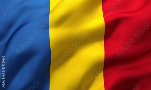 Flag of Romania blowing in the wind. Full page Romanian flying flag. 3D illustration.