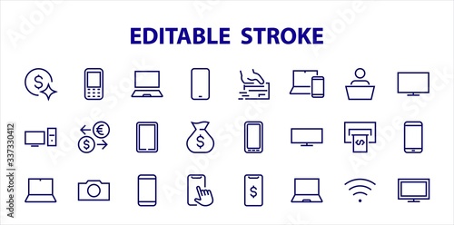set of smart devices and gadgets, computer hardware and electronics. Electronic device icons for web and mobile vector lines. Editable stroke. 480x480 pixels © RUVYM