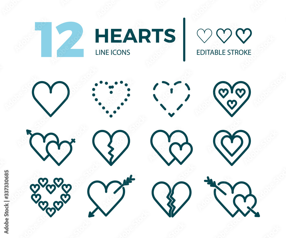 Obraz premium Hearts line icon set. Editable stroke. Minimal vector illustration. Set of thin icon. Simple outline signs of hearts. Vector design element.