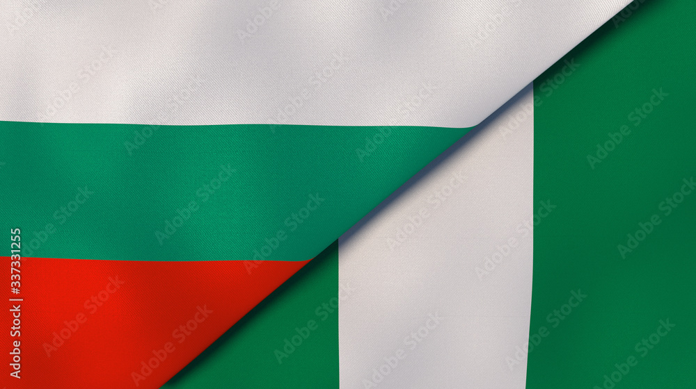 The flags of Bulgaria and Nigeria. News, reportage, business background. 3d illustration