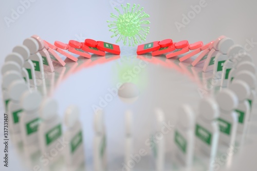 Coronavirus breaks chain of tiles with flag of Saudi Arabia  domino effect. COVID-19 pandemic related conceptual 3D rendering