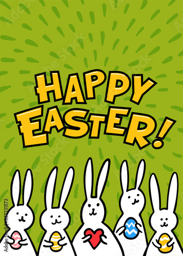 Easter greeting card. Happy easter inscription and cute white bunnies on gree...