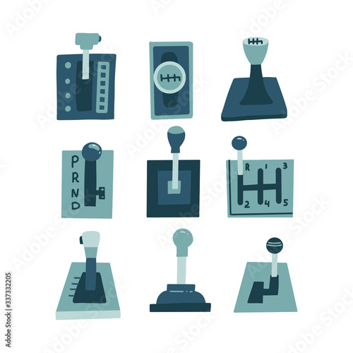 Set of mechanical, manual and automatic gearbox. Flat vector illustration