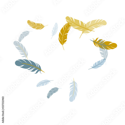 Fluffy twirled feathers on white design.