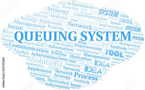 Queuing System typography vector word cloud.