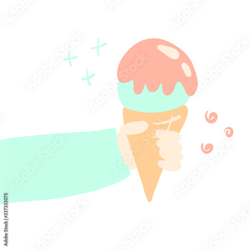 Hand holding blue ice cream cone with peach toping, hand drawn vector summer illustration for print or web design photo