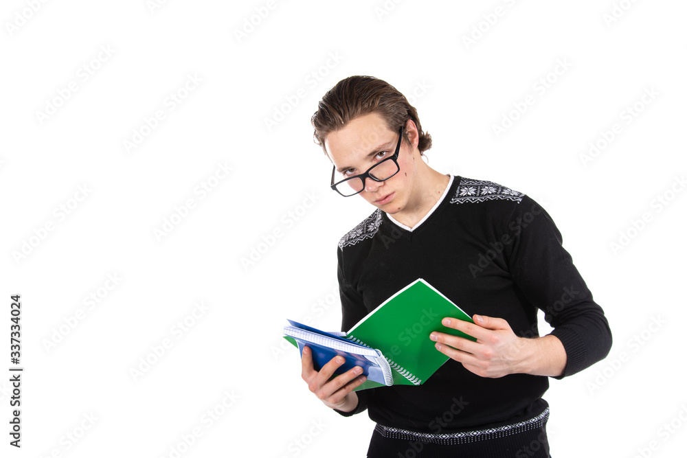 Young attractive student and textbooks. White background. Young attractive student and textbooks. White background.