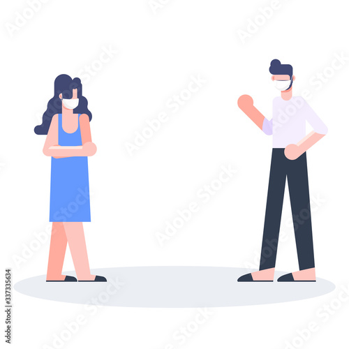 People wearing masks fight covid-19 coronavirus pandemic outbreak. Physical distancing concept. Flat design abstract people vector.