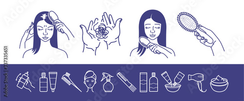 Hair loss problem. Hair loss woman vector illustration. Hair care and treatment icons set