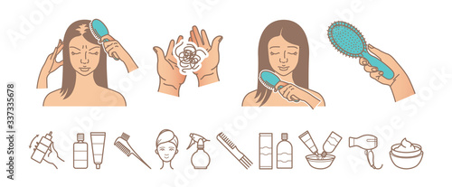 Hair loss problem. Hair loss woman vector illustration. Hair care and treatment icons