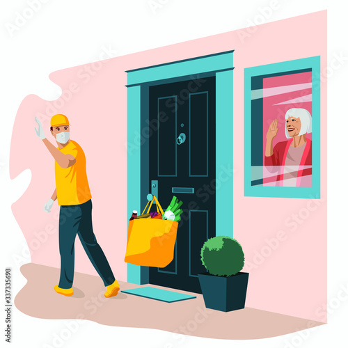 Groceries in bag left at front door. Safe contactless delivery to home to prevent the spread of the corona virus. Concept of senior citizens in quarantine vector illustration. Old woman at window.