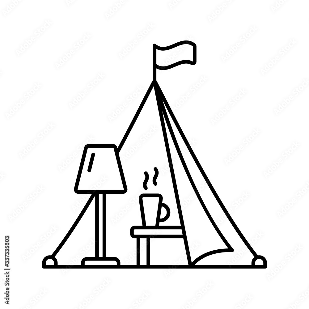 Glamping icon. Linear logo of camping with urban comfort. Black simple illustration of tent with lamp, table, mug. Contour isolated vector image on white background Glamping icon. Linear logo of camping with urban comfort. Black simple illustration of tent with lamp, table, mug. Contour isolated vector image on white background