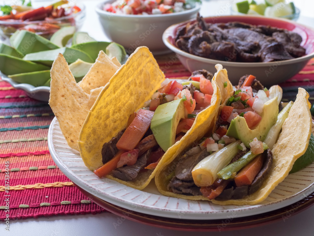 Steak Tacos Two on Plate with Filling Ingredients Horiz Steak Tacos Two on Plate with Filling Ingredients Horiz
