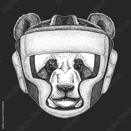 Big panda, bamboo bear portrait. oxing helmet. Boxer. Face of cute animal. Bear head.