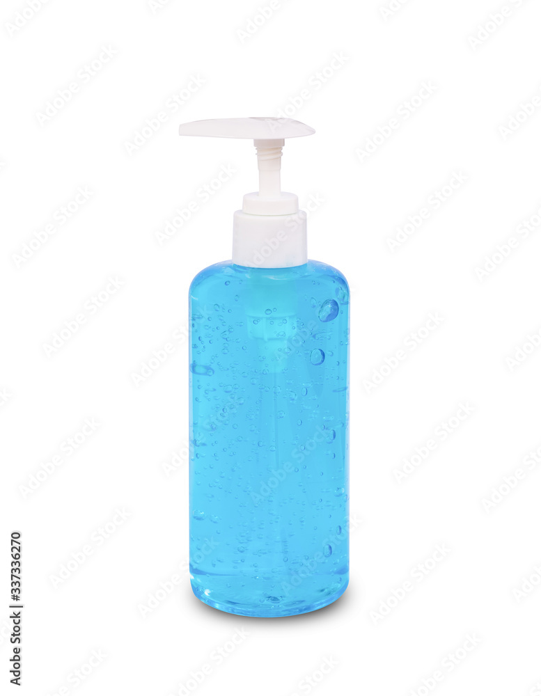 Hand sanitizer blue gel alcohol isolated on white background with clipping path.