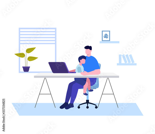 Dad working from home with a kid. Coronavirus Covid-2019 Quarantine. Stay home. Vector