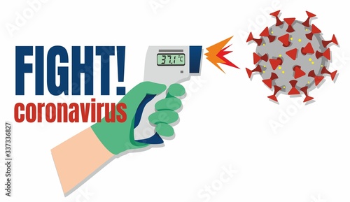 Hand in medical glove with infrared thermometer kills COVID-19 coronavirus. Vector illustration of a dangerous virus