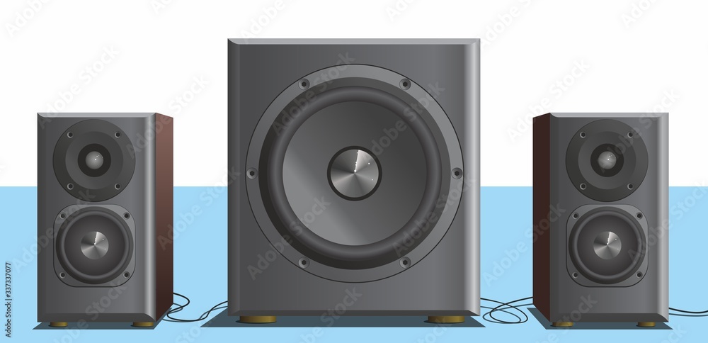 Music speakers with subwoofer. Vector black and gray, very loud