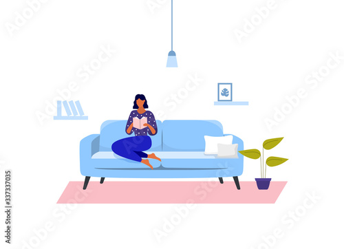 Young girl reading book. Stay home. Coronavirus quarantine. Vector