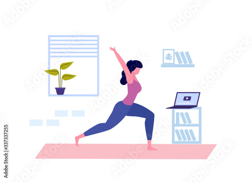 Young woman doing yoga. Online yoga class. Coronavirus Quarantine. Vector