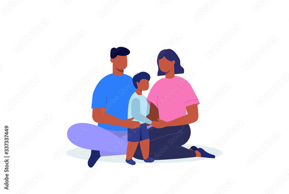 Black family. Mom, Dad and son. Flat illustration. Vector