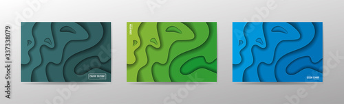 Set of 3 backgrounds with colorful paper cut shapes. 3D abstract paper art style, design layout for business presentation. Cover layout design template.