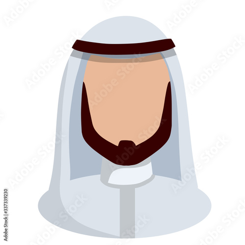 Face Arab man in white national dress. Avatar for social network. Middle Eastern guy with a beard. Cartoon flat illustration