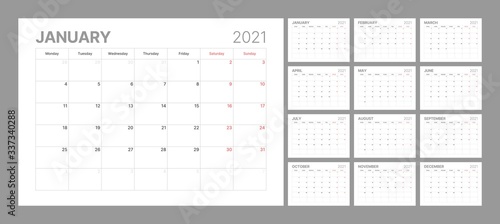 Wall calendar template for 2021 year. Planner diary in a minimalist style. Week Starts on Monday. Set of 12 Months. Ready for print.