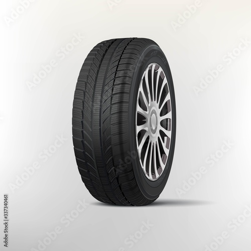 Wheel car aluminum tire style racing on white background vector illustration. Tire shop, tyres change auto service. Realistic vector car wheel. 