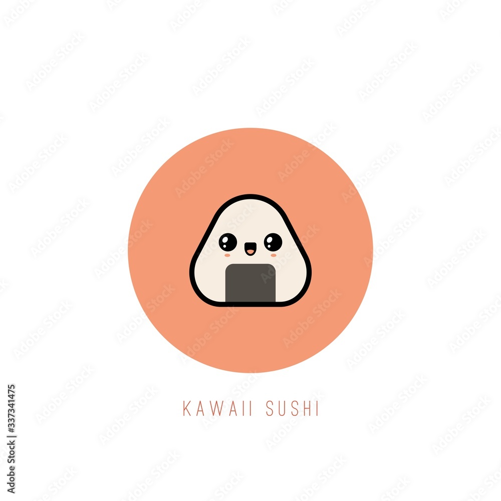 Cute Kawaii Onigiri Sushi. Outline Icon. Japanese traditional meal. Cartoon  manga style. Funny anime character with happy face. Flat design. Trendy  Vector illustration. Logo template Stock Vector | Adobe Stock