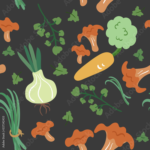 Seamless pattern with hand drawn red cinnabar mushrooms, onion, carrot, parsley & chives. Doodle herbs & vegetables isolated on gray background. Repeating texture for vegetarian, vegan food wrapping.