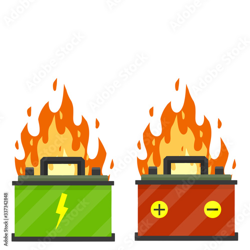 Broken car battery. rechargeable electricity accumulator. Element of auto. Damaged fire object. Cartoon flat illustration