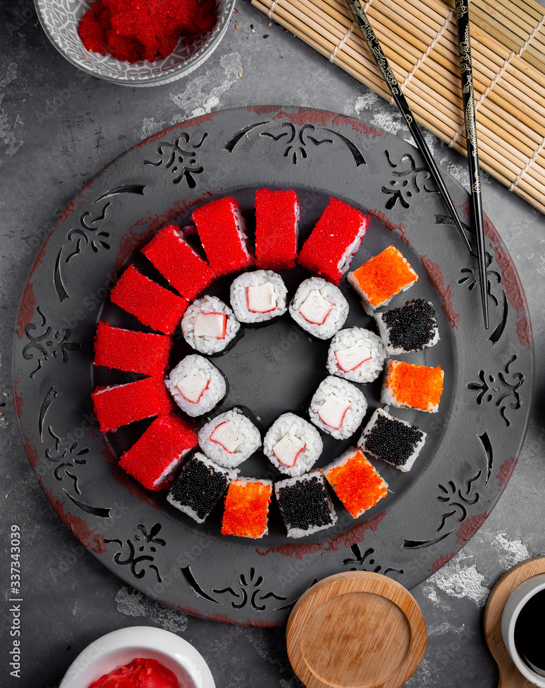 sushi set with red and black caviar