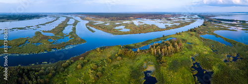 Fototapeta Naklejka Na Ścianę i Meble -  Aerial view of the river of Kama and its wetlands. Russia