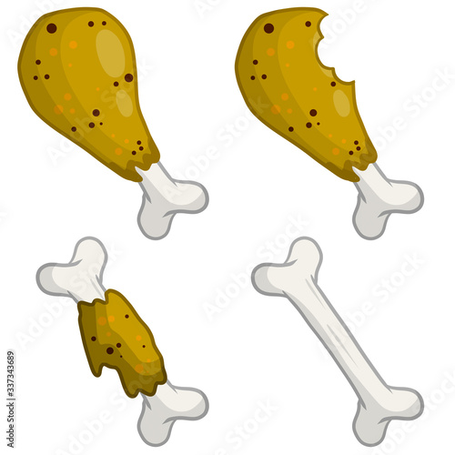 Piece of fried chicken leg. Delicious and fatty foods. Bitten meat with bone. Eaten meal. Brown Food debris and scraps. Cartoon flat illustration