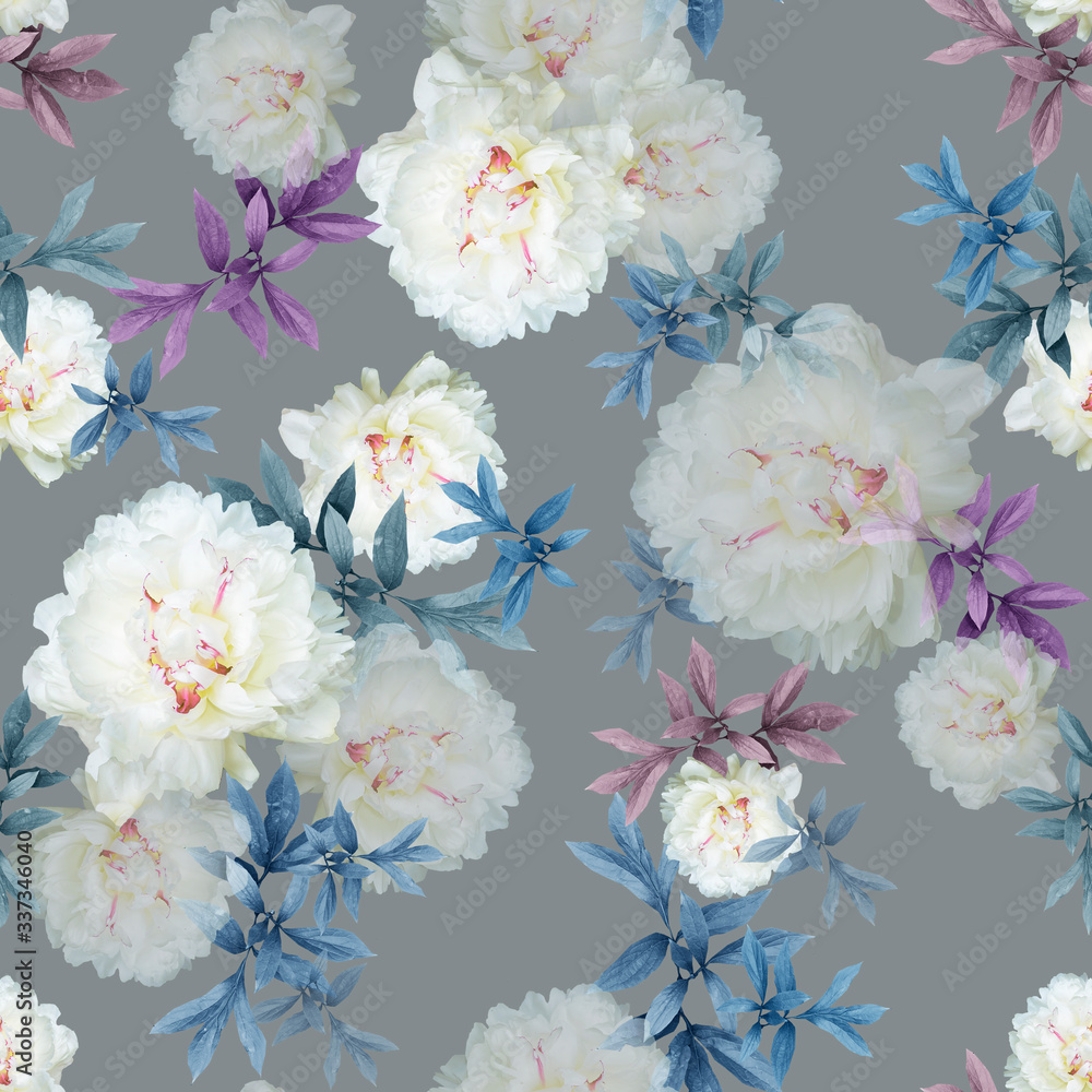 Seamless pattern with delicate white peonies and colored leaves