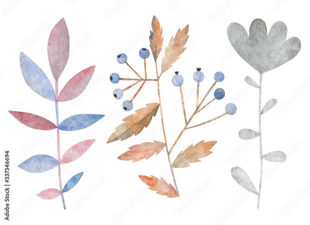 Set of colorful fairytale plants. Watercolor illustration. Isolated objects on a white background.