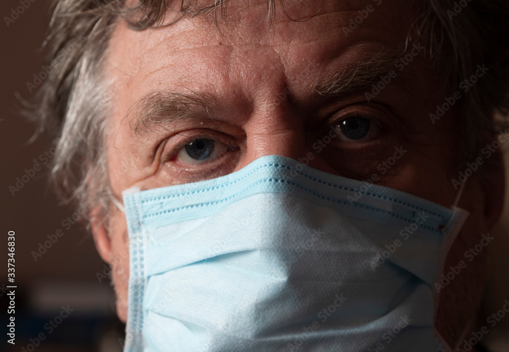Retired man with protective mask. Retired man with protective mask.