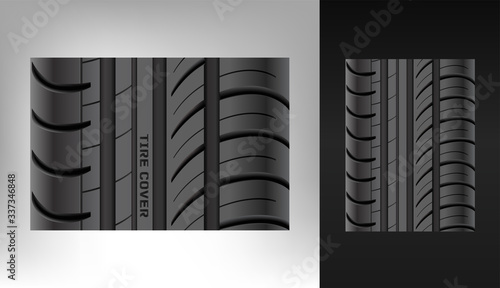 Tire realistic texture of the. Duplicate. A trace from the wheel. Rubber. Wheel tyre seamless pattern. Vector realistic illustration. Set of prints.