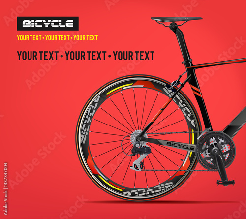Bicycle advertising poster color modern sport health. Realistic road bike Black Carbon sport bike isolated.
