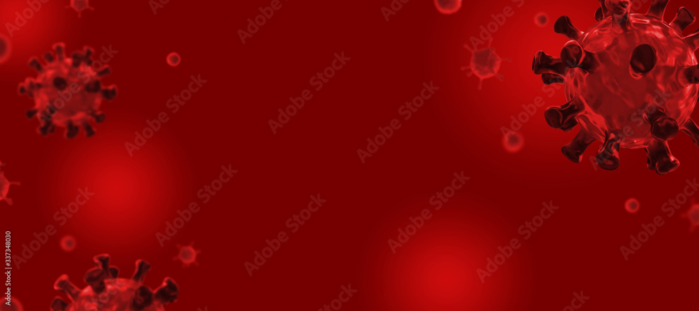 abstract 3D illustration. copy space banner. group of virus cells, coronavirus 2019 outbreak (covid19), corona virus disease infection in red background, self quarantine, coronavirus outbreak concept abstract 3D illustration. copy space banner. group of virus cells, coronavirus 2019 outbreak (covid19), corona virus disease infection in red background, self quarantine, coronavirus outbreak concept