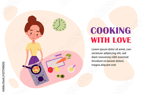 Cute girl is staying at home and cooking at her kitchen. Character design vector illustration. Cooking courses