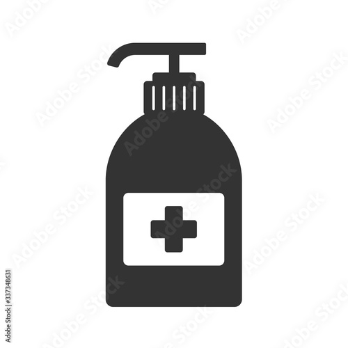 Hand sanitizer bottle. Coronavirus prevention. Wash your hands. Use hand sanitizer monochrome icon isolated on white background.