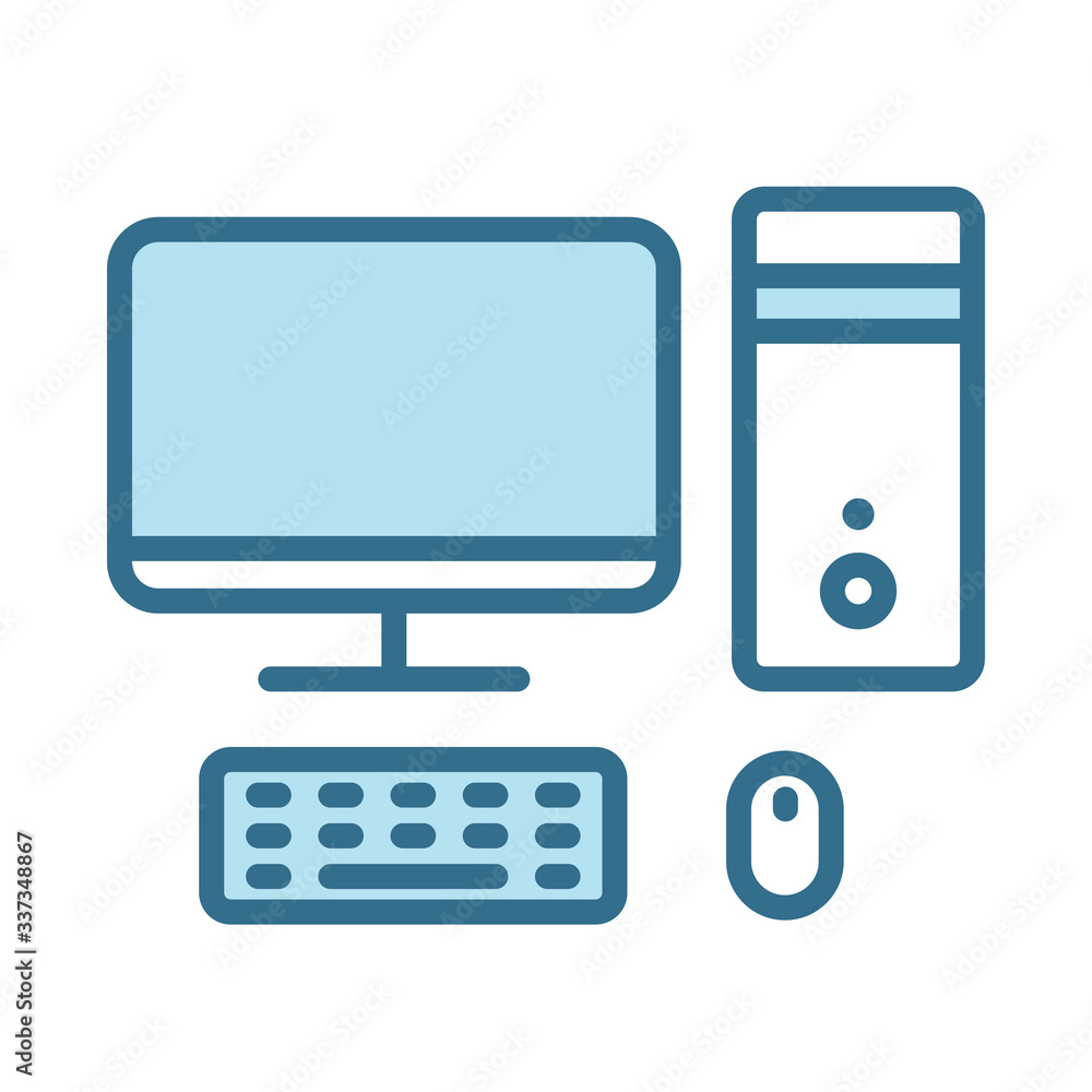 Desktop computer lineal blue icon isolated on white. Smart device technology flat vector icon with blue stroke for web and mobile apps, ui design and print. Computer color vector illustration Desktop computer lineal blue icon isolated on white. Smart device technology flat vector icon with blue stroke for web and mobile apps, ui design and print. Computer color vector illustration
