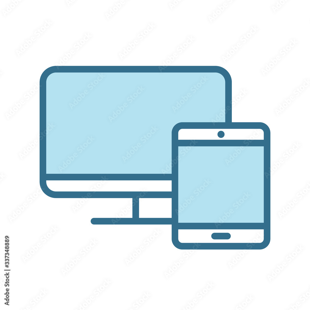 Monitor and tablet lineal blue icon isolated on white. Smart devices technology flat vector icon with blue stroke for web and mobile apps, ui design. Monitor and tablet color vector illustration Monitor and tablet lineal blue icon isolated on white. Smart devices technology flat vector icon with blue stroke for web and mobile apps, ui design. Monitor and tablet color vector illustration