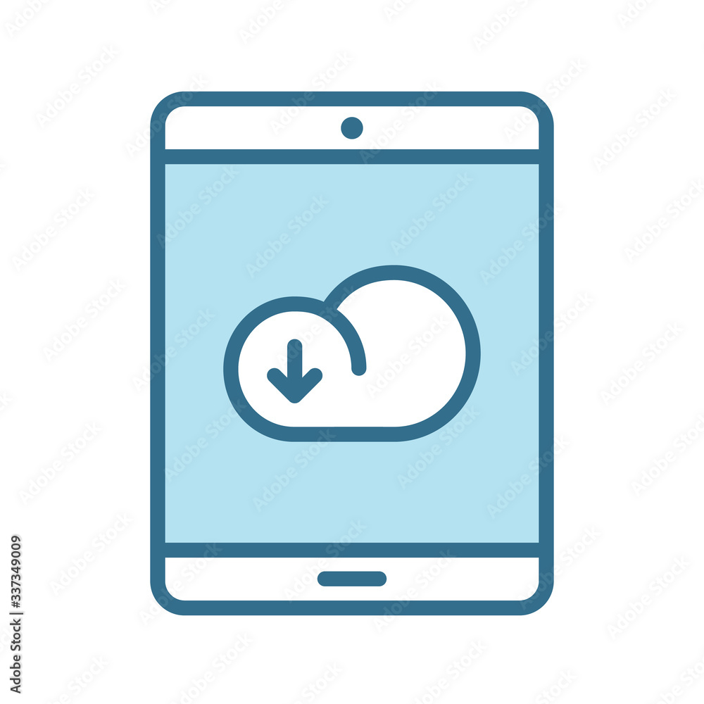 Downloading cloud on tablet lineal blue icon isolated on white. Smart device technology flat vector icon with blue stroke for web, mobile apps, ui design. Cloud computing color vector illustration Downloading cloud on tablet lineal blue icon isolated on white. Smart device technology flat vector icon with blue stroke for web, mobile apps, ui design. Cloud computing color vector illustration