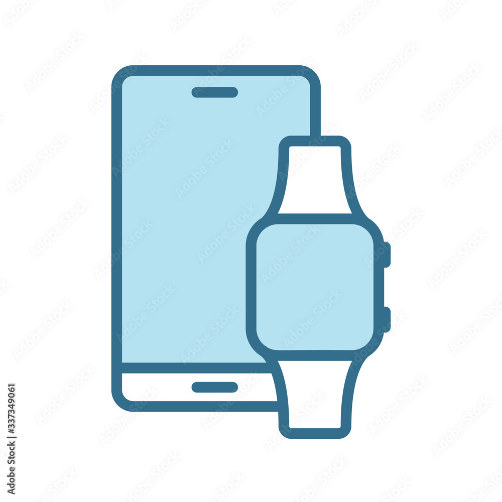 Smartphone and smart watch lineal blue icon isolated on white. Smart devices technology flat vector icon with blue stroke for web and mobile apps, ui design. Synchronization color vector illustration Smartphone and smart watch lineal blue icon isolated on white. Smart devices technology flat vector icon with blue stroke for web and mobile apps, ui design. Synchronization color vector illustration