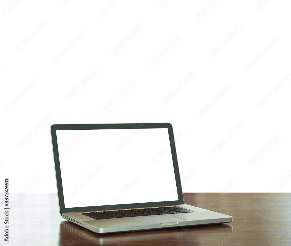 Mockup image of blank white screen laptop computer on wood table. isolated on white background Mockup image of blank white screen laptop computer on wood table. isolated on white background