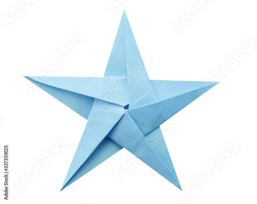 Blue origami paper star isolated white photo