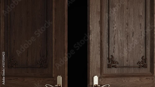 Wood classic design door opening to white background, alpha matte. Z Depth channel. Animation.